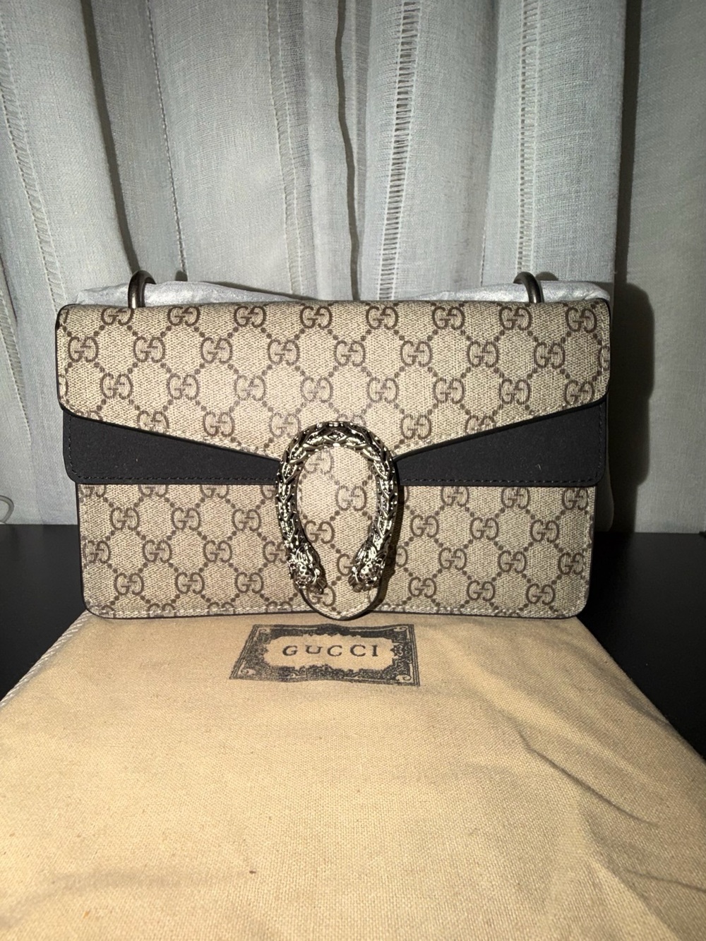 Beige Shoulder Bag with Black Trim and Metal Horsebit and Dustbag
